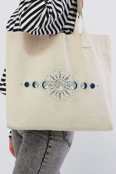 Ay Döngüsü Tasarım Baskılı Battal Uzun Saplı Kanvas Bez Çanta İlham Verici