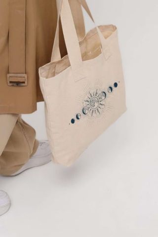 Ay Döngüsü Tasarım Baskılı Battal Uzun Saplı Kanvas Bez Çanta İlham Verici