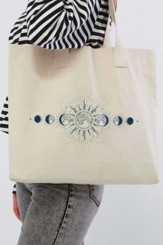 Ay Döngüsü Tasarım Baskılı Battal Uzun Saplı Kanvas Bez Çanta İlham Verici