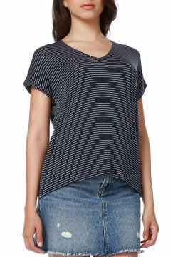 Das grundlegende T-Shirt der Marine-Blau-weiß gestreiften Frauen mit V-Ausschnitt