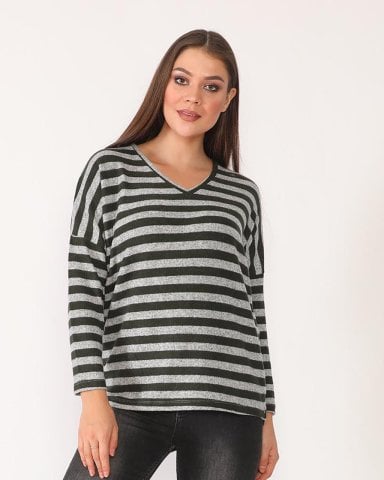 Schwarz-grau gestreifte Bluse mit V-Ausschnitt