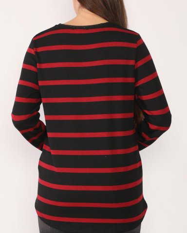 Schwarz-rot gestreifte Bluse mit V-Ausschnitt