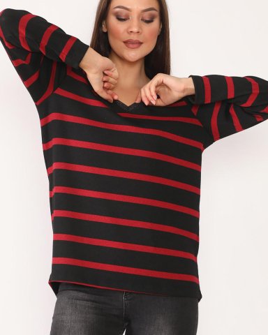 Schwarz-rot gestreifte Bluse mit V-Ausschnitt