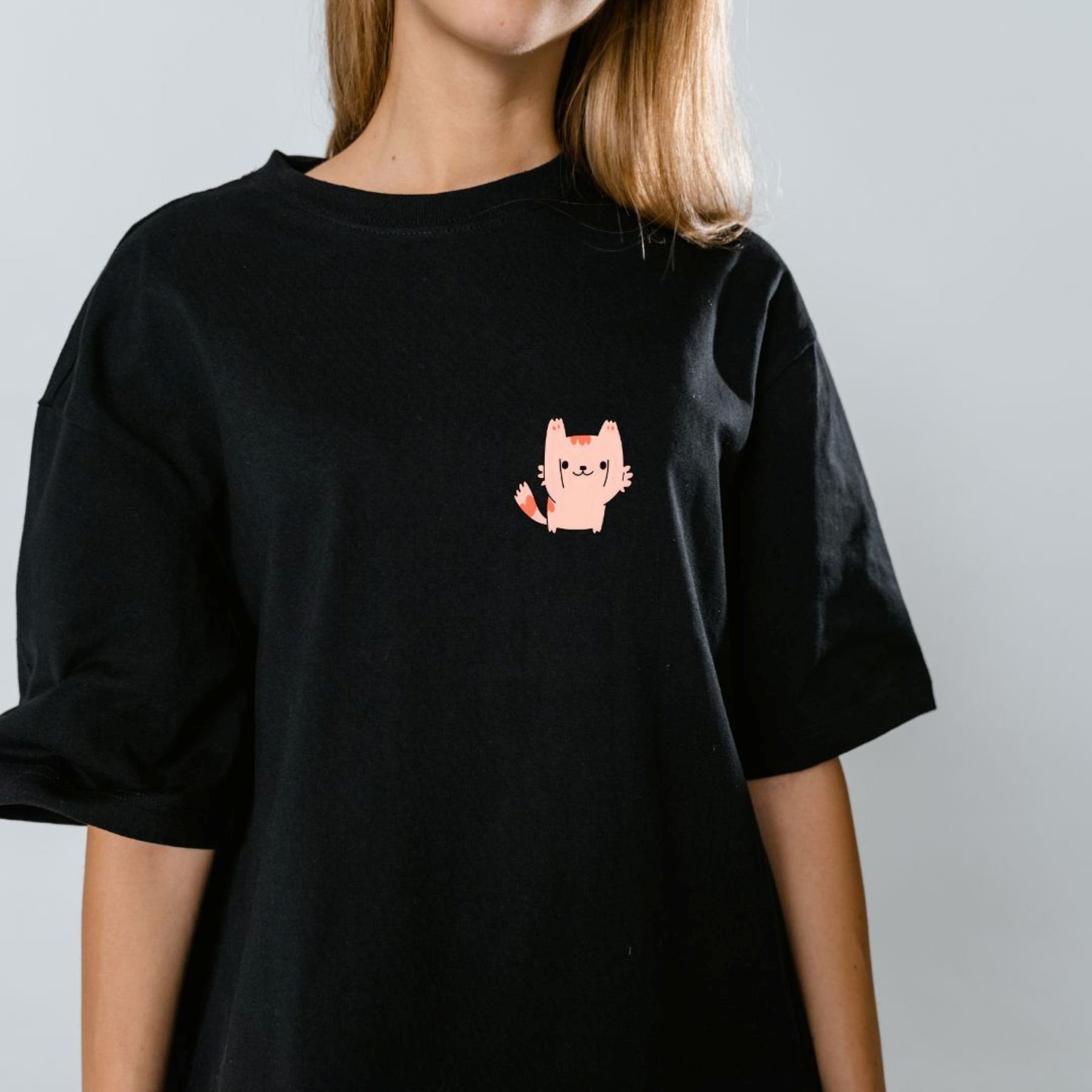 Mumu Özel Kedi Tasarım Oversized Beyaz Unisex Tshirt