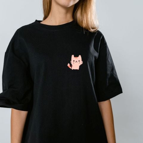 Mumu Özel Kedi Tasarım Oversized Beyaz Unisex Tshirt