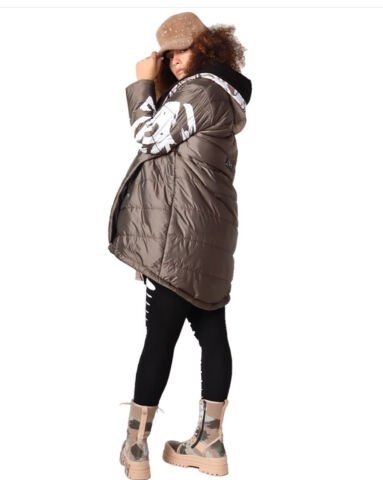 Mumu Kapüşonlu Tasarım Açık Kahve Siyah Tasarım Oversize Retro Mont L