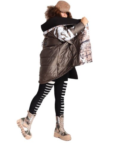 Mumu Kapüşonlu Tasarım Açık Kahve Siyah Tasarım Oversize Retro Mont L