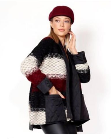 Mumu Bordo Krem Siyah Çizgili Hırka Ceket Mont S