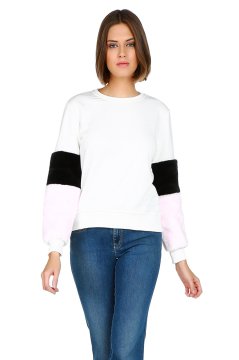 Ecrufarbenes Sweatshirt mit gestreiften Ärmeln für Damen