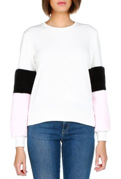 Ekru Kolları Çizgili Kadın Sweatshirt