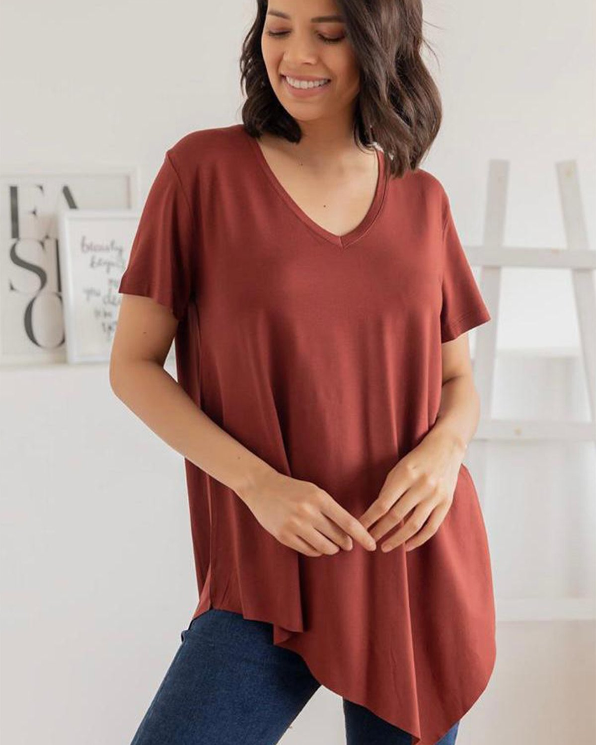 V-Neck Side Long Women's Basic T-Shirt