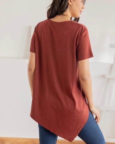 V-Neck Side Long Women's Basic T-Shirt