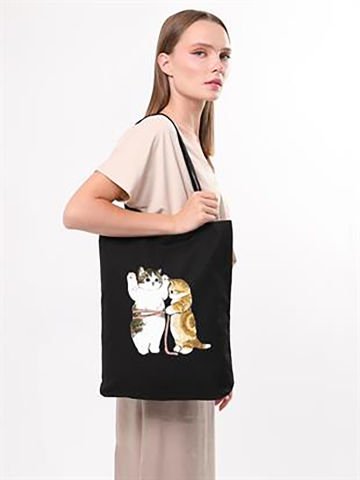 Siyah Uzun Saplı Bez Çanta Kediler Haydi Diyete