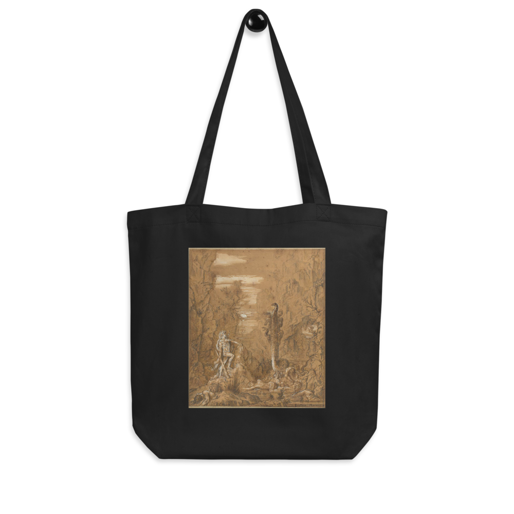 Mitoloji Sanat Eseri Baskılı Siyah Uzun Saplı Bez Çanta İlham Verici BEJ